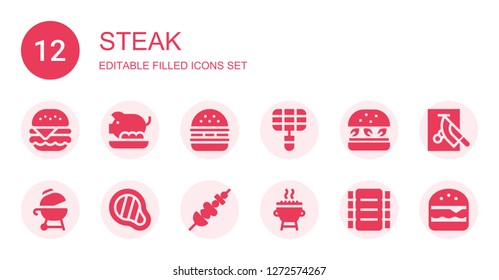 steak icon set. Collection of 12 filled steak icons included Burger, Pork, Hamburger, Grill, Meat, Skewer, Ribs, Chop