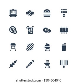 steak icon set. Collection of 16 filled steak icons included Grill, Skewer, Drink, Barbecue, Ribs, Meat, Hamburger, Barbecue grill