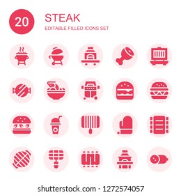 steak icon set. Collection of 20 filled steak icons included Grill, Barbecue, Ham leg, Barbecue grill, Tom yum, Burger, Hamburger, Drink, Mitt, Ribs, Cold meat