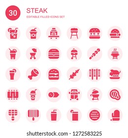 steak icon set. Collection of 30 filled steak icons included Drink, Drinks, Barbecue, Hamburger, Burger, Grill, Skewer, Ham leg, Ribs, Cold meat, Pork, Meat, Mitt