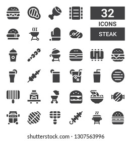 steak icon set. Collection of 32 filled steak icons included Hamburger, Grill, Skewer, Barbecue grill, Tom yum, Burger, Barbecue, Drink, Ribs, Meat, Mitt, Ham leg