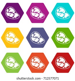 Steak icon set many color hexahedron isolated on white vector illustration