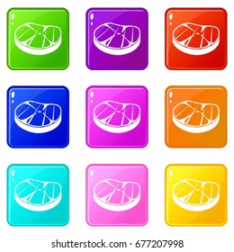 Steak icons of 9 color set isolated vector illustration