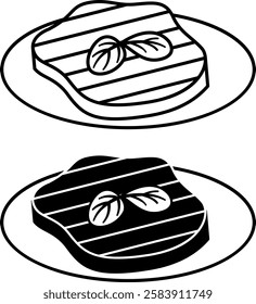 Steak Icons. Black and White Vector Drawings. Thick Piece Of Fried Meat On Plate. Beefsteak, Ready Dish. Meal Concept