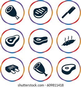 Steak icons set. set of 9 steak filled icons such as beef, meat