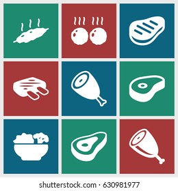 Steak icons set. set of 9 steak filled icons such as beef, food