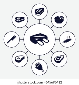 Steak icons set. set of 9 steak filled icons such as beef, food, meat