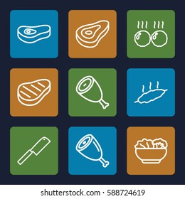 steak icons set. Set of 9 steak outline icons such as beef, food, meat