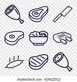 Juego de iconos de filete. conjunto de 9 iconos de esquema de carne como carne de vacuno, comida o carne