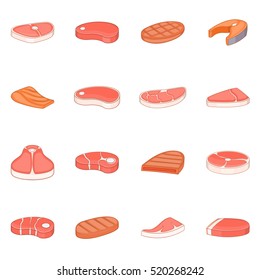 Steak icons set. Cartoon illustration of 16 steaks vector icons for web