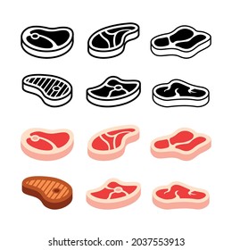 Steak icons set in cartoon style. Meat set collection colored and black and white icons 