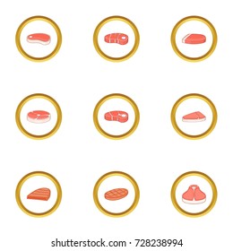 Steak icons set. Cartoon style set of 9 steak vector icons for web design