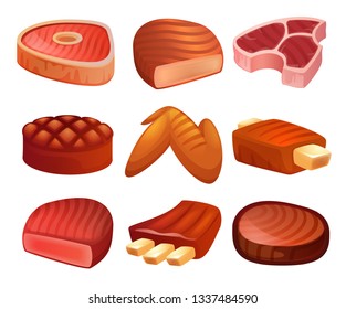 Steak icons set. Cartoon set of steak vector icons for web design