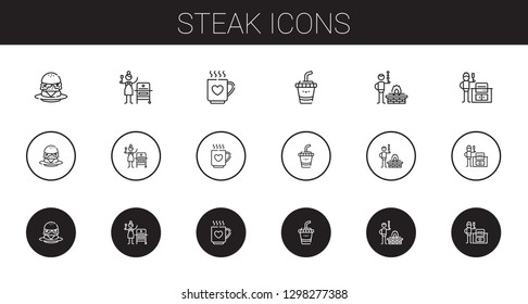 steak icons set. Collection of steak with burger, grill, drink, bbq, bbq grill. Editable and scalable steak icons.