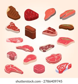 Steak icons set  isometric style slice angus butcher eat design illustration menu close-up culinary rare grill marks filet