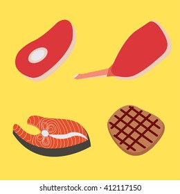 Steak Icons Set. Vector. Delicatessen And Butchery Meat Illustration of a cartoon delicatessen set. pork, beef, fish