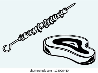 Steak and kebab. Image isolated on blue background