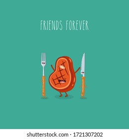 Steak knife fork friends forever. Vector illustration.