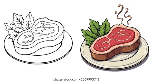 Steak Line Art Vector Illustration Black and White with Coloring Sample. Bold and Easy Food, Sweets, Drinks, Dessert, and Snacks Coloring Pages for Adults and Kids.