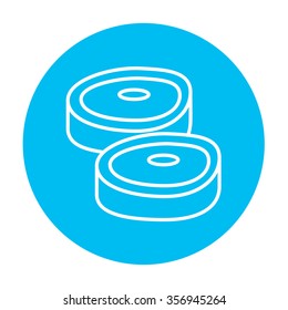 Steak line icon for web, mobile and infographics. Vector white icon on the light blue circle isolated on white background.