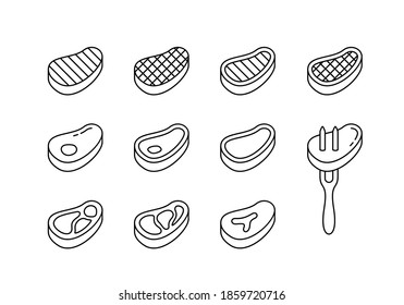 Steak linear icons set. Beef with bone, fat, grill strips, fork. Different views of raw meat piece for packaging design. Black simple illustration. Contour isolated vector pictogram, white background