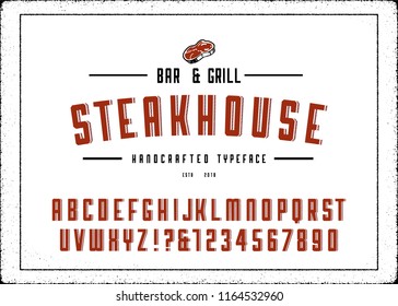 Steak Logo with Useful Alphabet. Flat Isolated Meat Symbol Graphic Vector. Vintage 3d Premium Alphabet. 