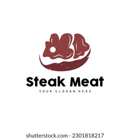 Steak Logo, Vintage Retro Rustic BBQ Grill Theme Design Style, Barbeque Fresh Meat Vector, Icon Symbol Illustration