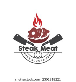Steak Logo, Vintage Retro Rustic BBQ Grill Theme Design Style, Barbeque Fresh Meat Vector, Icon Symbol Illustration