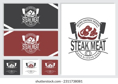 Steak Logo, Vintage Retro Rustic BBQ Grill Theme Design Style, Barbeque Fresh Meat Vector, Icon Symbol Illustration