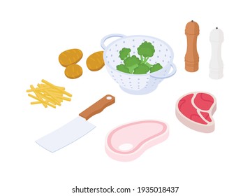 Equipo de preparación de harina de carne. Isometric vectorial ilustración en diseño plano. 