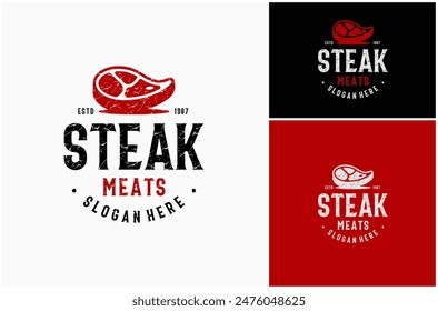 Steak Meat Beef Butcher Steakhouse Butchery Hipster Rustic Vintage Vector Logo Design Illustration