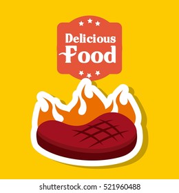 steak of meat burning over yellow background. barbecue fresh and delicious design. vector illustration