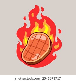 Steak Meat With Fire Cartoon Vector Icon Illustration. Food Object Icon Concept Isolated Premium Vector. Flat Cartoon Style