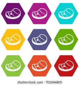 Steak of meat icon set many color hexahedron isolated on white vector illustration