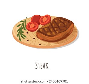 Steak meat, isolated grilled piece of beef or pork with tomatoes and sprig of rosemary. Thick slice of product rich in proteins and fats. Served dish made in a restaurant. Vector in flat style