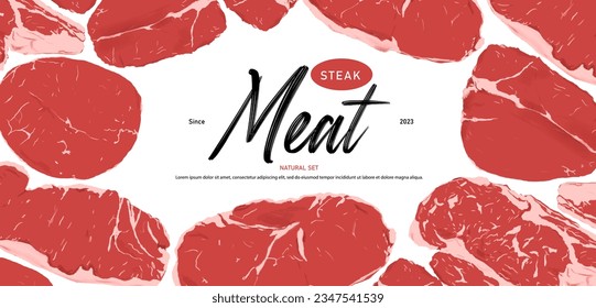 Steak meat natural set, Steak Meat hand drawn, Steak and beef top view, Vector illustration.