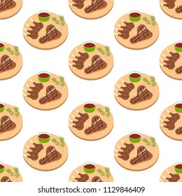 Steak meat on board seamless pattern on the white background, Vector illustration