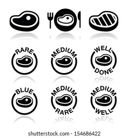 Steak - medium, rare, well done, grilled icons set 