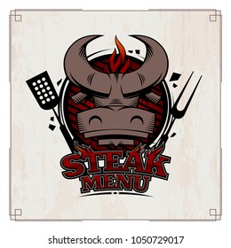 Steak menu card cover design, bull head and grill emblem, vector illustration