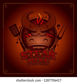 Steak menu card cover design concept with bull head on a grill
