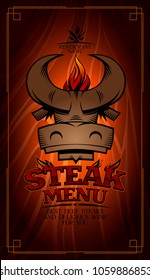 Steak menu card design with cow head and fire flame