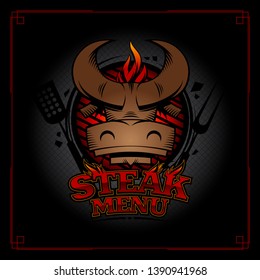 Steak menu cover design concept with bull head, barbecue grill and flame