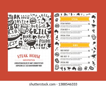Steak menu design. BBQ grill poster with sketch icons. Barbecue cafe design