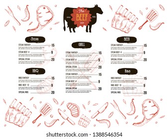 Steak menu design. BBQ grill poster with sketch icons. Barbecue cafe design