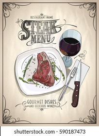 Steak menu design concept with graphic illustration of a fillet mignon steak on a plate and glass of wine, vintage style vector illustration