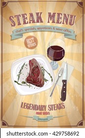 Steak menu design with graphic illustration of a fillet mignon steak on a plate and glass of wine, vintage paper backdrop