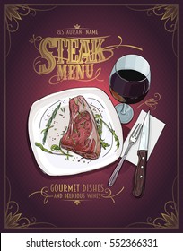 Steak menu design with hand drawn graphic illustration of a fillet mignon steak on a plate and glass of wine
