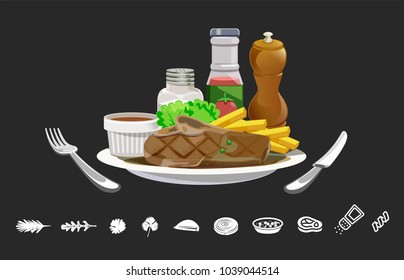 Steak menu with ingredient icon. Secret Recipe of Cooking.