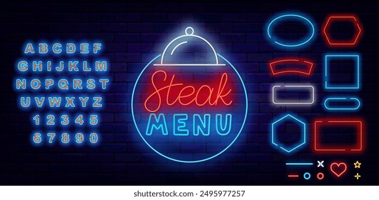 Steak menu neon sign with lettering. Barbecue party invitation. Glowing alphabet. Geometric frames set. Restaurant eating design on brick wall. Editable stroke. Vector stock illustration