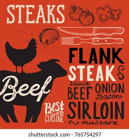 Steak menu poster for restaurant and cafe. Design template with food hand-drawn graphic illustrations.